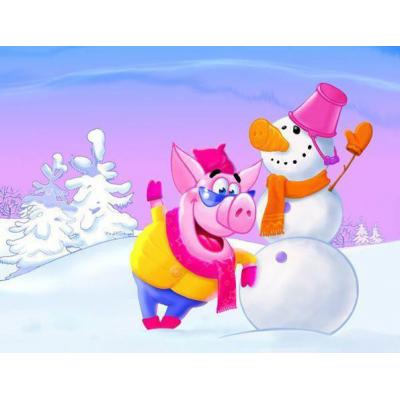 Вафельная картинка на торт Новый Год (свинка и снеговик)